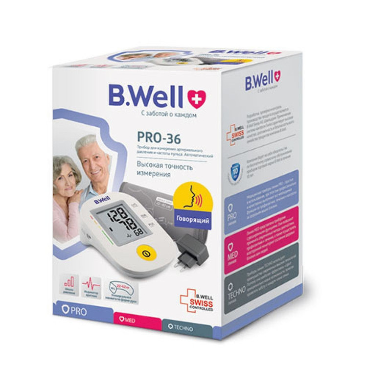 فشارسنج دیجیتال بازویی بی ول مدل PRO-36 با قابلیت سخنگوی صوتی، تشخیص آریتمی، مناسب بازو 22 تا 42 سانتیمتر، گزارش وضعیت فشارخون و ضربان قلب طبق استاندارد WHO، همراه آداپتور و باتری